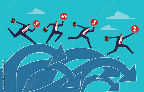 A wave of pay cuts or layoffs; declining wages, investment returns, profits, or budgets; an economic recession. Businesspeople clutching gold coins run through a wave of downward-pointing arrows
