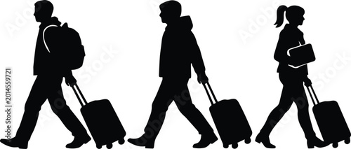 Konstfotografi Traveler silhouettes, diverse group of people walking with luggage, modern vector illustration for tourism and journey concepts