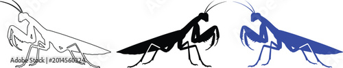 Φωτογραφία Praying Mantis Vector Set, detailed insect illustrations in outline, solid black, and vibrant blue