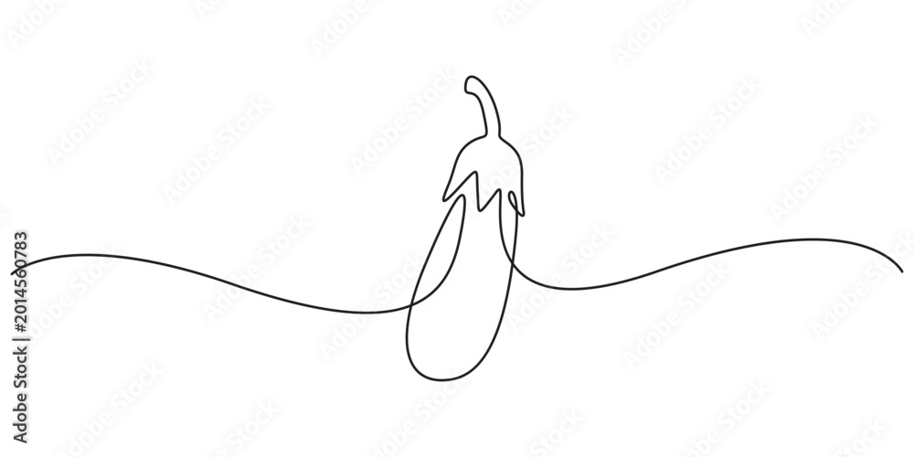 Obraz premium Eggplant vegetable in one line art style for healthy food and menu design. Minimalist continuous line drawing of a fresh aubergine for organic market and kitchen branding.