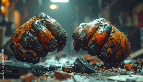Two clenched fists, covered in dirt and grime, floating in a debris-filled environment