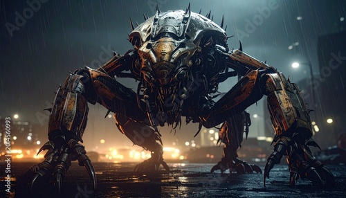 Mechanical creature with armored body and claws on wet city street