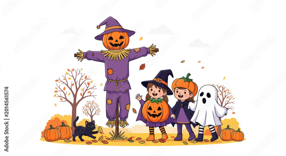 Fototapeta premium Happy Halloween illustration with kids in costumes, scarecrow, ghost, and black cat