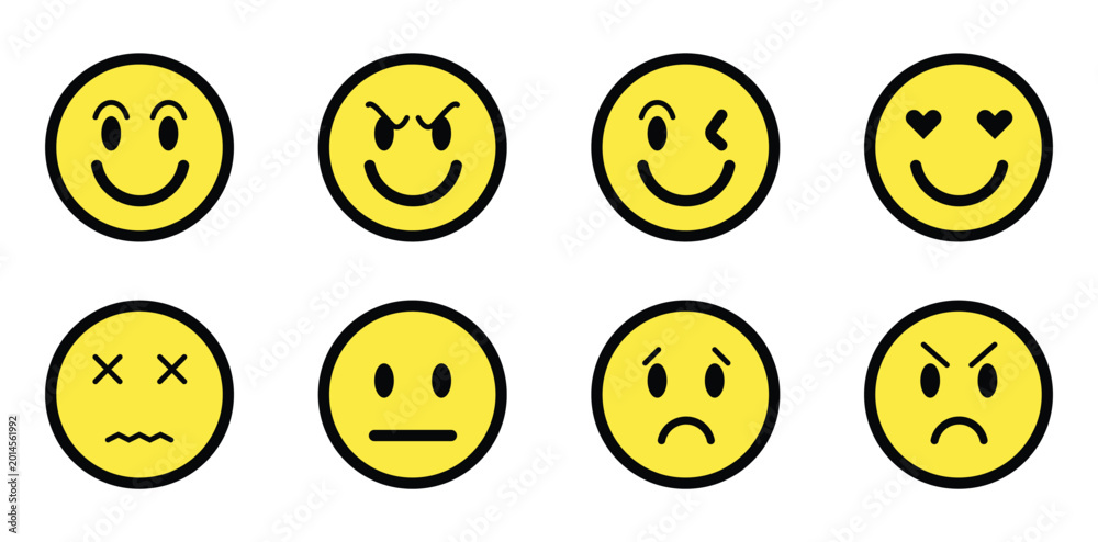 Fototapeta premium Set of yellow flat emoji icons with various facial expressions. Minimalist vector collection of emoticons including happy, sad, angry, wink, and love faces isolated on white background.