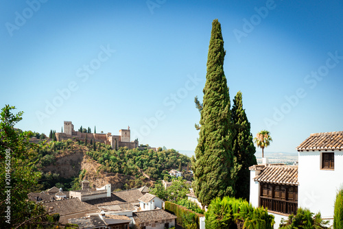 View of the Alhambra, a historic palace and fortress complex located in Granada, Spain.