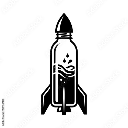 Water Bottle Rocket Launch – Concept of Hydration Energy and Health Performance Boost Minimalist Black and White Line Art Illustration