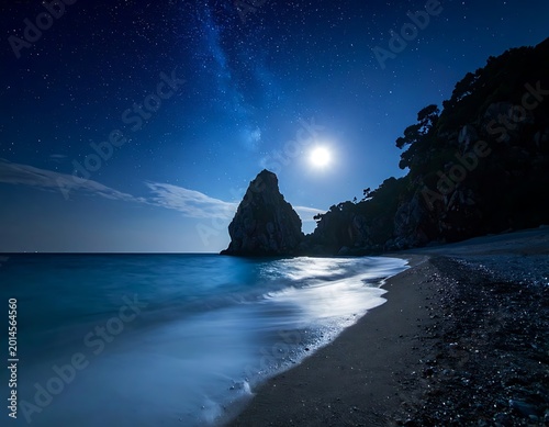 Moonlit ocean beach with rocky shoreline.