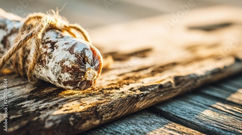 saucisson. Thick French saucisson on rustic board with white mold, tied with twine, artisanal feel. menu design, packaging mockups, designed for food delivery and cloud-kitchen brand materials.