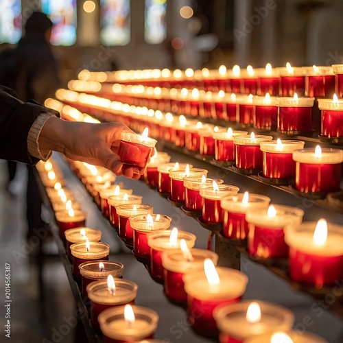 Person lighting candles in church sanctuary.