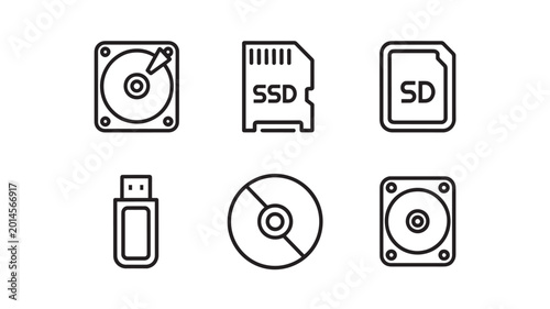 Set of six black and white linear storage device icons featuring hard drives solid state drives sd cards usb flash drives and optical discs for modern digital technology data management.