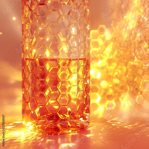 Glass container with honeycomb pattern illuminated by warm golden light reflections