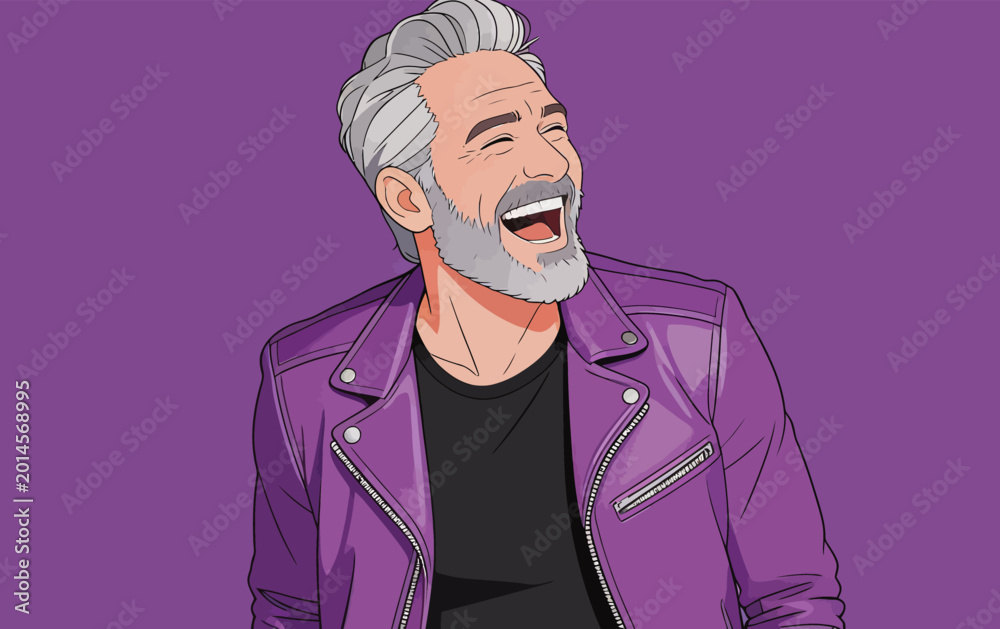 Fototapeta premium Joyful Senior Man in Purple Leather Jacket Smiling