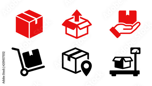 Icons illustrating shipping boxes, delivery services, and cargo handling concepts.