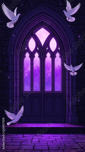 Gothic archway with flying doves under purple moonlight through stained glass window