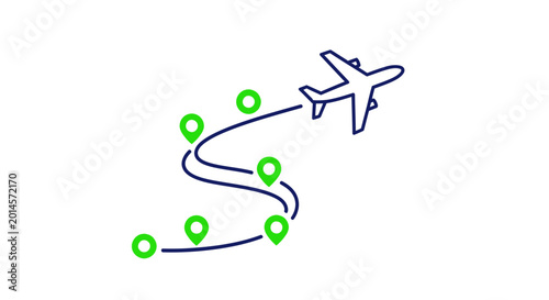 Schilderij op canvas Airplane Journey Route with Location Pins, Travel Concept