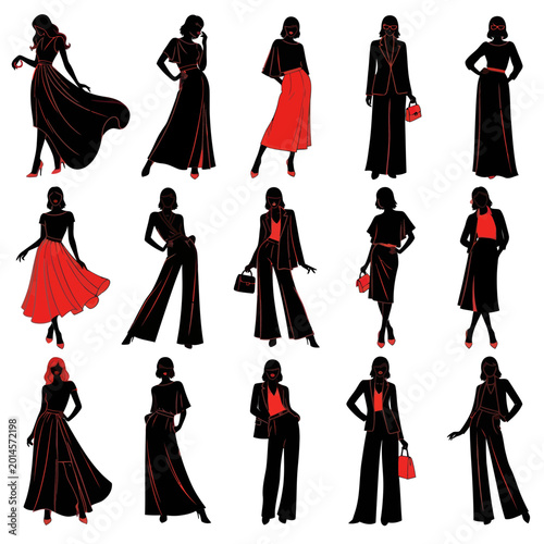 Tableau sur toile Elegant Fashionable Women Posing in Stylish Outfits - Black and Red Collection