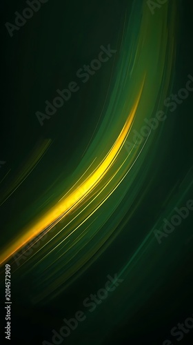 Abstract swirling green and yellow light trails on dark background