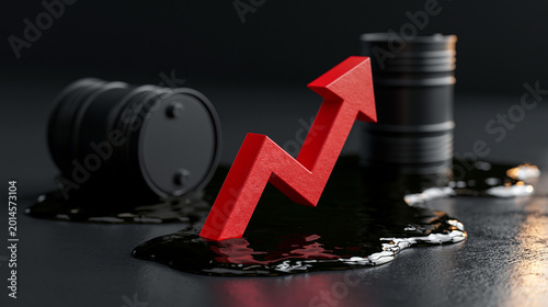 Dark Economic Concept with Oil Barrels, Spilled Liquid, and Red Upward Trend Arrow