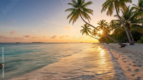 Tropical Beach Paradise at Sunset with Palm Trees and Gentle Waves.