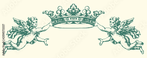 Foto Two cherubs hold up a royal crown emblem with decoration illustration mythology