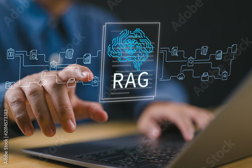 Canvas Print RAG retrieval-augmented generation concept with businessman using laptop, representing semantic search, enterprise knowledge retrieval, AI document analysis, intelligent information summarization