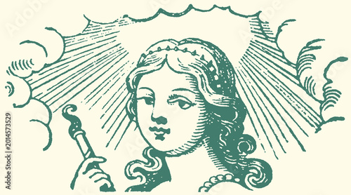 Bild auf Leinwand Vintage angelic female face with radiant light rays and staff illustration portr