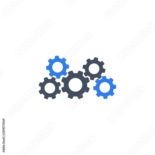 System of Five Interinterconnected Gears. Blue and Gray Mechanism Icon
