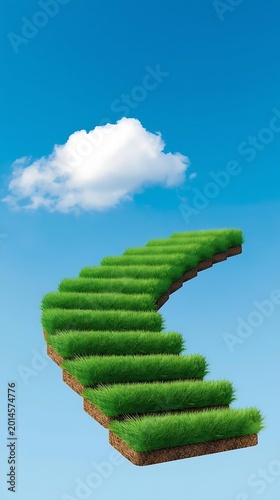 3D grassy pathway shaped like number two floating against blue sky with clouds