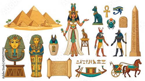 Fotografía Ancient Egyptian Symbols and Figures Collection.