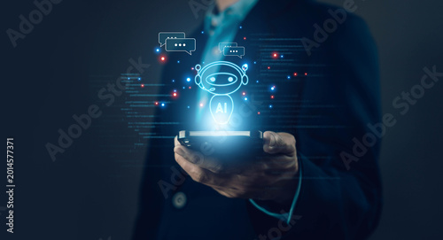 Businessman using AI chatbot hologram on smartphone with digital communication interface, artificial intelligence assistant, customer support automation futuristic technology and smart online service.