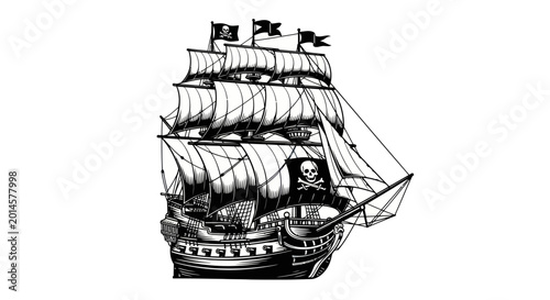 Fotografi Pirate Ship Illustration - Jolly Roger Flag, Sailing Vessel, Nautical Adventure