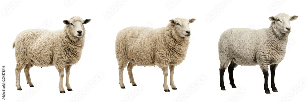 Obraz premium Cute Fluffy White Sheep PNG Set, Domestic Ewe Lamb Farm Livestock, Isolated Agriculture Wool Animal Clipart Elements