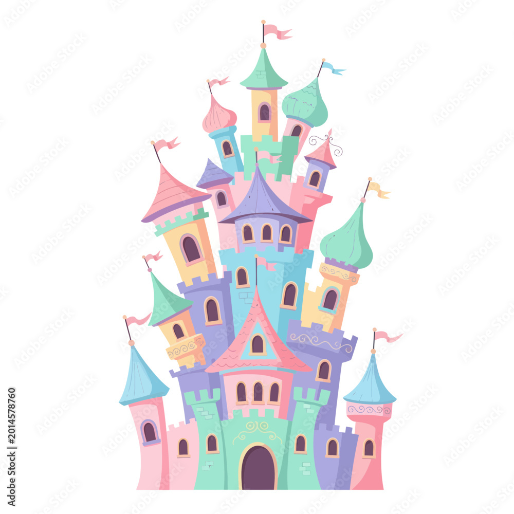 Naklejka premium Whimsical Cartoon Castle with Pastel Towers and Flags