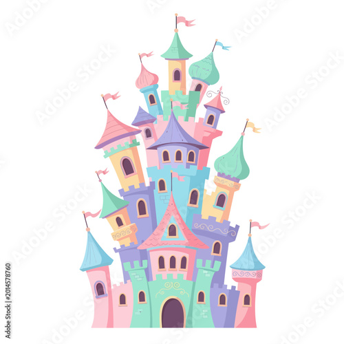 Whimsical Cartoon Castle with Pastel Towers and Flags