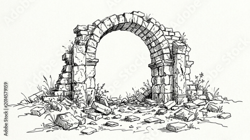 Foto Ancient stone archway ruin detailed sketch illustration.