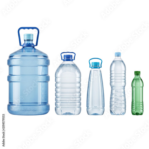 Assorted Water Bottles Variety of Sizes Isolated on White Background