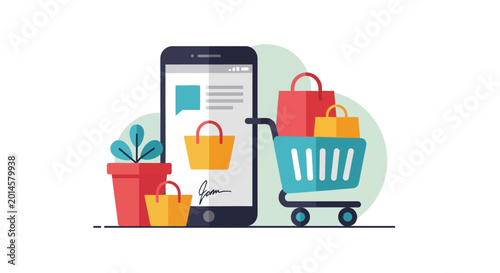 Mobile online shopping concept with smartphone, shopping cart, and bags illustrating convenient e-commerce and digital retail experience.