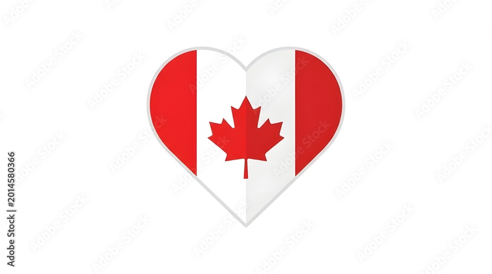 Fototapeta premium A clean vector illustration of the Canadian flag in a heart shape, featuring the iconic red maple leaf on a white background between two red bars.