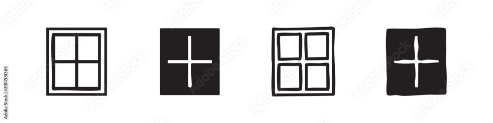 Fototapeta premium Closed Window Icons Set: House Architectural Element Symbols in Outline and Glyph Styles