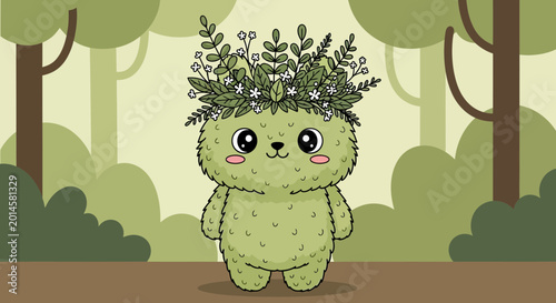 Fotografia Cute cartoon creature with green leaves.