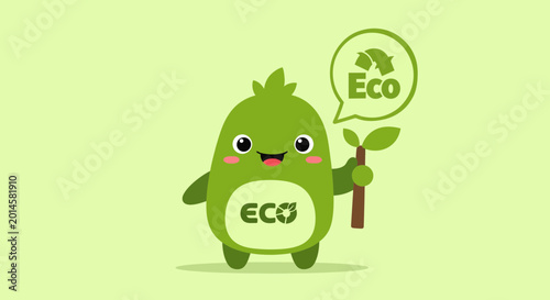 Fotografie Green cartoon character holding leaf eco.