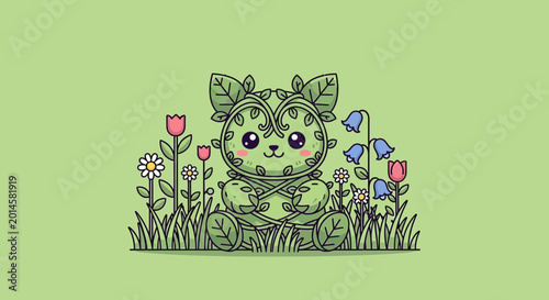 Photos Cute green monster sitting in grass.