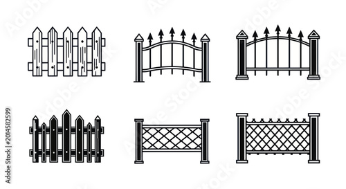 Foto Set of six fence icons: wooden, wrought iron, and decorative garden fences