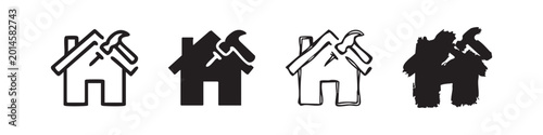 Four house and hammer icons representing construction in different styles