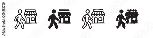 Foto Person walking to store icon set, shopping or market visit silhouette