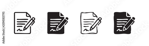 Tableau sur toile Document and pen icon set for writing, editing, or signing, with outline, solid,