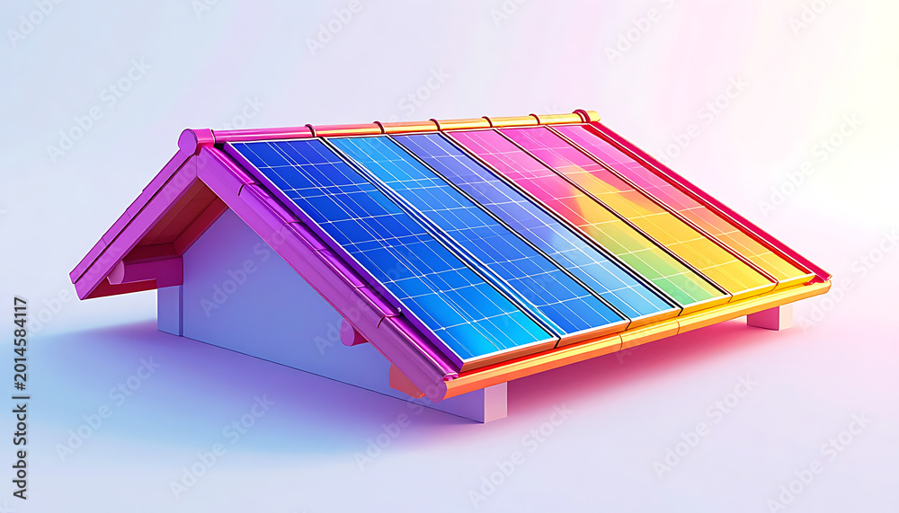 Fototapeta premium Modern house roof with vibrant rainbow colored solar panels, representing clean energy and sustainability, abstract technology concept