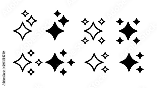 Minimal black ai sparkle star icon collection with simple geometric twinkle shapes on white background