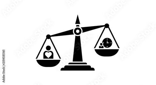Photos Scales of justice icon depicts the difficult decision between personal emotional fulfillment and the rigid constraints of professional time management in a modern corporate environment