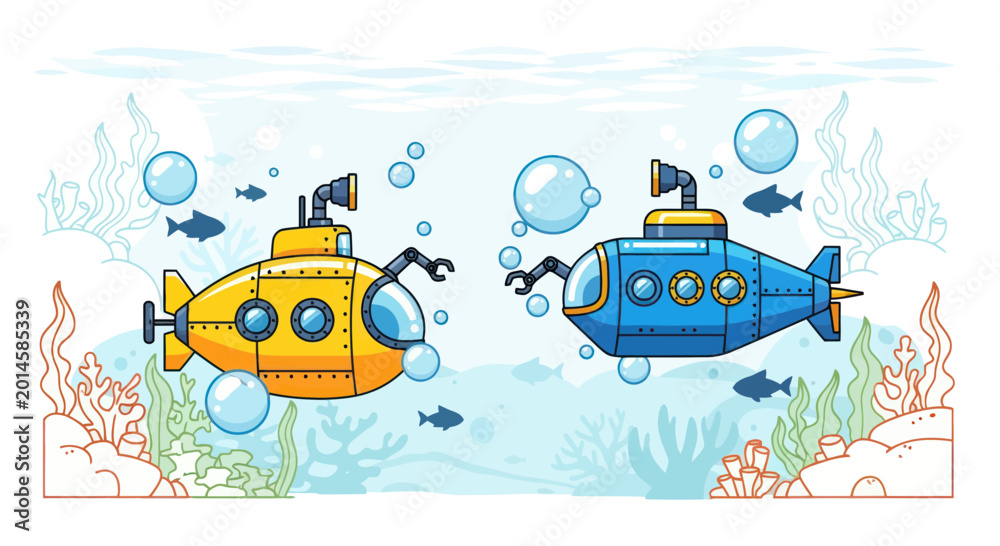 Obraz premium Two cartoon submarines exploring underwater ocean, with fish and coral reef